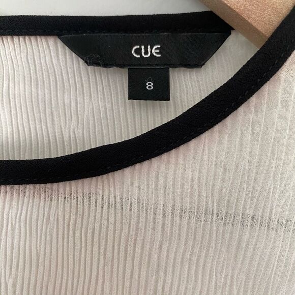 Cue 8 Medium White Chiffon Semi Sheer Blouse Black Trim Tied Sleeve Crew - Picture 6 of 10